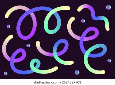Neon Color Gradient squiggle lines. Scribble stripe with wavy elements. Abstract organic dynamic colorful Sshapes on dark background