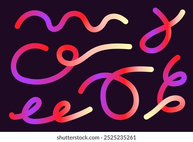 Neon Color Gradient squiggle lines. Scribble stripe with wavy elements. Abstract organic dynamic colorful Sshapes on dark background
