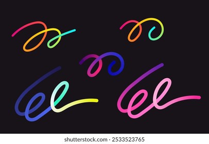 Neon Color Gradient squiggle lines. Scribble stripe with wavy elements. Abstract organic dynamic colorful Shapes on dark background