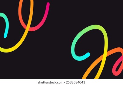 Linhas de gradiente de cor de néon. Faixa de rabisco com elementos ondulados. Abstrato orgânico dinâmico colorido Formas no fundo escuro