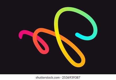 Neon Color Gradient squiggle lines. Scribble stripe with wavy elements. Abstract organic dynamic colorful Shapes on dark background