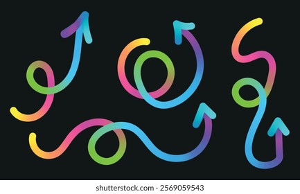 Neon Color Gradient squiggle lines arrows. Scribble stripe with wavy arrows