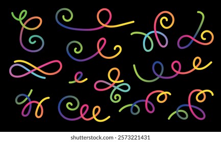 Neon Color Gradient squiggle lines. Scribble stripe with wavy elements. Abstract organic dynamic colorful Shapes on dark background
