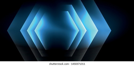 Neon color hexagon shapes, lines on black background. Modern template for web backdrop design. Abstract geometric frame. Vector futuristic template background.