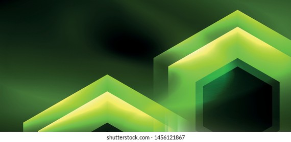 Neon color hexagon shapes, lines on black background. Modern template for web backdrop design. Abstract geometric frame. Vector futuristic template background.