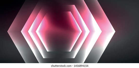 Neon color hexagon shapes, lines on black background. Modern template for web backdrop design. Abstract geometric frame. Vector futuristic template background.