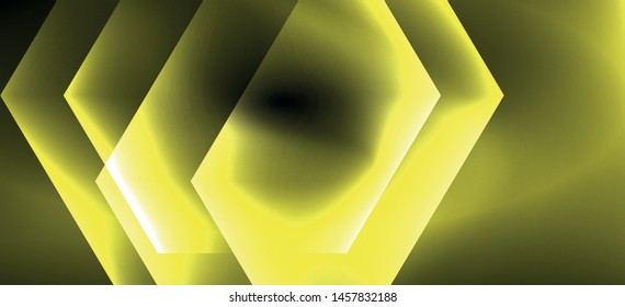 Neon color hexagon shapes, lines on black background. Modern template for web backdrop design. Abstract geometric frame. Vector futuristic template background.
