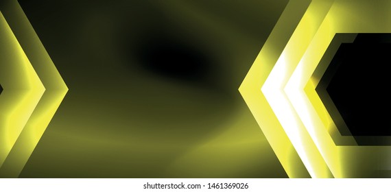 Neon color hexagon shapes, lines on black background. Modern template for web backdrop design. Abstract geometric frame. Vector futuristic template background.