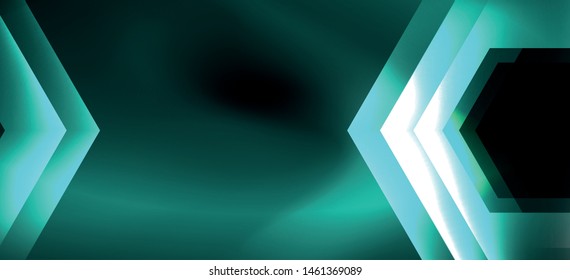 Neon color hexagon shapes, lines on black background. Modern template for web backdrop design. Abstract geometric frame. Vector futuristic template background.