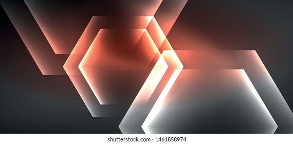 Formas de hexágono de cor néon, linhas em fundo preto. Modelo moderno para o design de fundo da web. Quadro geométrico abstrato. Plano de fundo de modelo futurista de vetor.