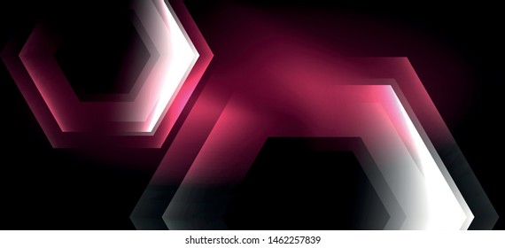 Neon color hexagon shapes, lines on black background. Modern template for web backdrop design. Abstract geometric frame. Vector futuristic template background.