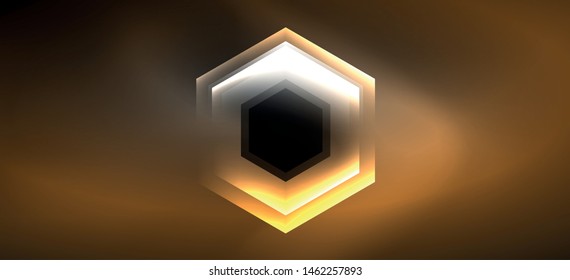 Neon color hexagon shapes, lines on black background. Modern template for web backdrop design. Abstract geometric frame. Vector futuristic template background.