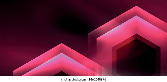Neon color hexagon shapes, lines on black background. Modern template for web backdrop design. Abstract geometric frame. Vector futuristic template background.