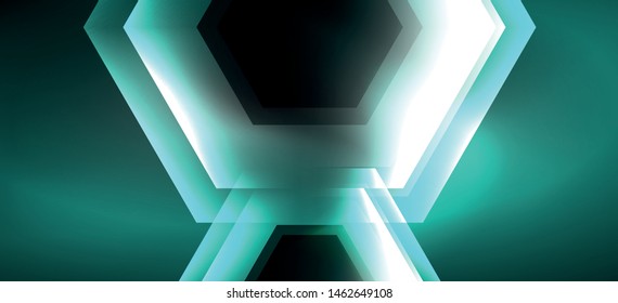 Neon color hexagon shapes, lines on black background. Modern template for web backdrop design. Abstract geometric frame. Vector futuristic template background.