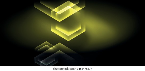 Neon color hexagon shapes, lines on black background. Modern template for web backdrop design. Abstract geometric frame. Vector futuristic template background.