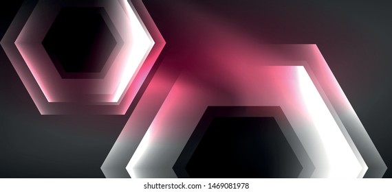 Neon color hexagon shapes, lines on black background. Modern template for web backdrop design. Abstract geometric frame. Vector futuristic template background.