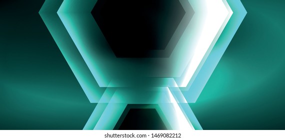 Neon color hexagon shapes, lines on black background. Modern template for web backdrop design. Abstract geometric frame. Vector futuristic template background.