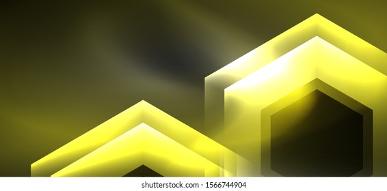 Neon color hexagon shapes, lines on black background. Modern template for web backdrop design. Abstract geometric frame. Vector futuristic template background.