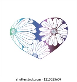 Neon and color illustration of a bouquet of chamomiles in the heart. Everything is love