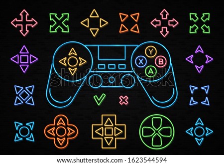 Neon color joystick icon set isolated on black brick background. Wireless Gamepad sign neon outlines. Play game light design element for gaming room club flyer banner poster. Night vector illustration