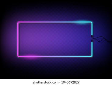 Neon color light frame. Retro rectangle fluorescent for wall frame with electric wire. Object on transparent background vector. Neon line in graphic style.