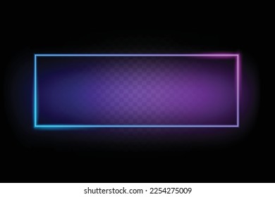 Neon color light rectangle frame. Retro fluorescent  border. Object on transparency gradient background vector. Neon line in graphic style.