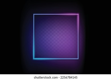 Marco cuadrado claro de color neón. Borde fluorescente retro. Objeto sobre el vector de fondo del degradado de transparencia. Línea de neón en estilo gráfico.