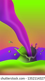 neon color liquid flowing down with drops and splashes