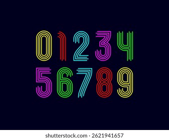 Neon color numbers, bright numerals from parallel stripes, vector illustration 10EPS