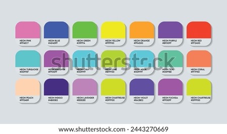 Neon Color Palette, Bright Color with Names. Catalog Samples of Neon with RGB HEX codes and Names. Neon Multi Color Palette Vector, plastic and Light Colors Palette, Fashion Trend LED Color Palette