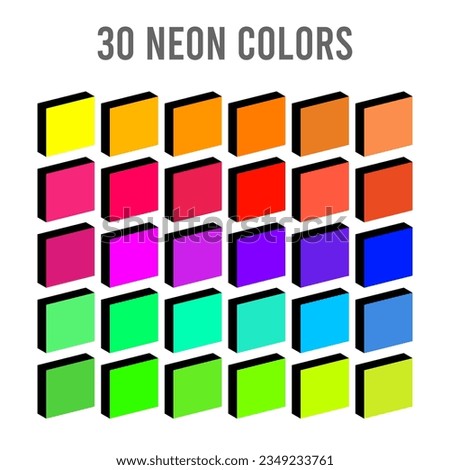 Neon color palette vector collection featuring 30 vibrant fluorescent 3D isometric swatches. Modern graphic design chart with bright hues