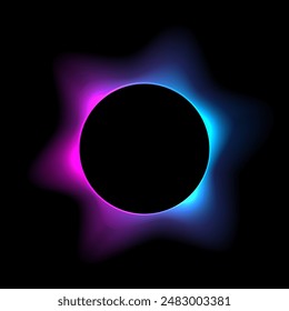 Neon color round frame with gradient effect. Abstract blurred purple blue light circle background. Colored bright blending wavy icon. Colorful geometric graphic vector illustration isolated on black.