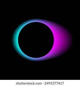 Neon color round frame with gradient effect. Abstract blending blue purple light circle background. Colored rainbow bright icon. Colorful geometric graphic vector illustration isolated on black.