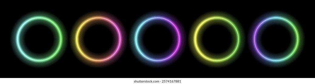 Neon color round frames. Abstract rainbow glow light circles. Colored laser bright round icons. Bright geometric graphic vector set isolated on black background.