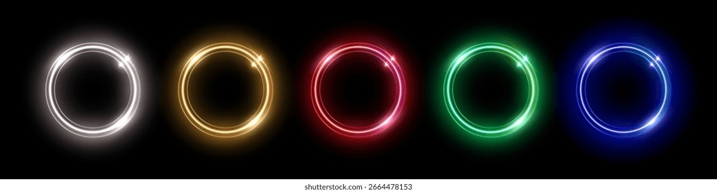 Neon color round frames. Abstract colorful glow light circles. Laser bright round shapes. Futuristic illuminated buttons. Geometric graphic vector set isolated on black background.