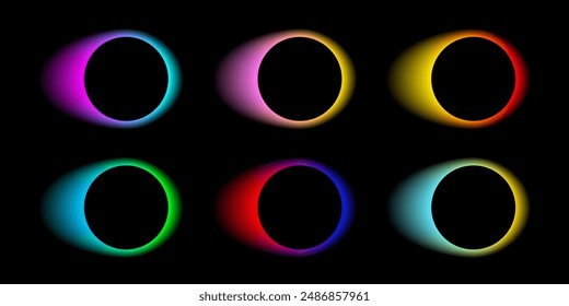 Neon color round frames with gradient effect. Abstract rainbow light circles background. Colored bright blending icons. Colorful geometric graphic vector set isolated on black.