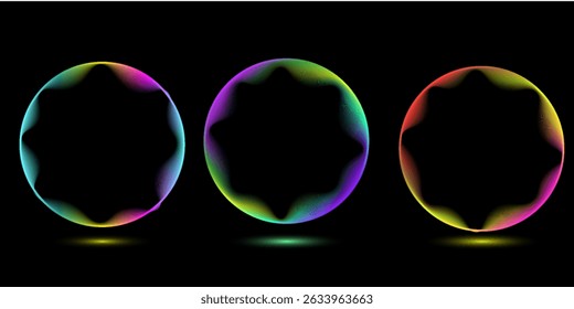 Neon color round frames with gradient effect. Abstract blurred rainbow light circles background. Colored bright blending wavy icons. Colorful geometric graphic vector set isolated on black.