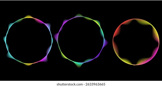 Neon color round frames with gradient effect. Abstract blurred rainbow light circles background. Colored bright blending wavy icons. Colorful geometric graphic vector set isolated on black.