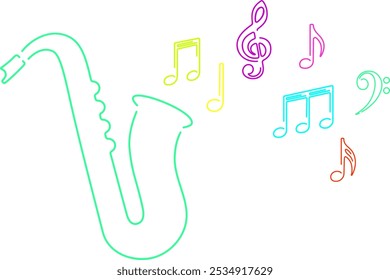 Neon color saxophone with music notes, seamless pattern. Perfect for jazz themed design, adding energy and musical vibes to your projects. Abstract saxophone, wind musical instrument.