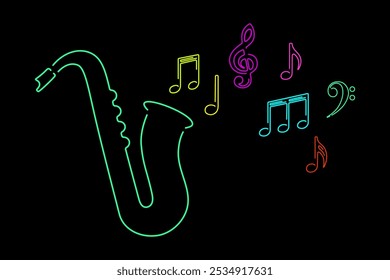 Neon color saxophone with music notes, seamless pattern. Perfect for jazz themed design, adding energy and musical vibes to your projects. Abstract saxophone, wind musical instrument.