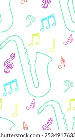 Neon color saxophone with music notes, seamless pattern. Perfect for jazz themed design, adding energy and musical vibes to your projects. Abstract saxophone, wind musical instrument.