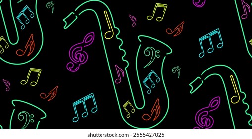 Neon color saxophone with music notes, seamless pattern. Perfect for jazz themed design, adding energy and musical vibes to your projects. Abstract saxophone, wind musical instrument.