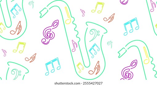 Neon color saxophone with music notes, seamless pattern. Perfect for jazz themed design, adding energy and musical vibes to your projects. Abstract saxophone, wind musical instrument.