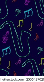 Neon color saxophone with music notes, seamless pattern. Perfect for jazz themed design, adding energy and musical vibes to your projects. Abstract saxophone, wind musical instrument.