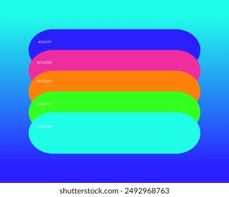 Neon Color Scheme has Five beautiful colors, a color swatch, catalog samples, and trendy multicolored pallets. Vector illustration