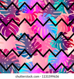 Neon color. Seamless monstera background. Black zigzag. Vector.