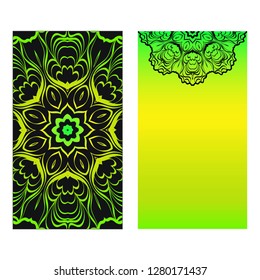 Neon color Set of two design template brochures, cards, invitations, flyers with mandala ornament for a yoga studio. Vector illustration.