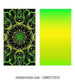 Neon color Set of two design template brochures, cards, invitations, flyers with mandala ornament for a yoga studio. Vector illustration.