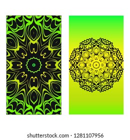 Neon color Set of two design template brochures, cards, invitations, flyers with mandala ornament for a yoga studio. Vector illustration.