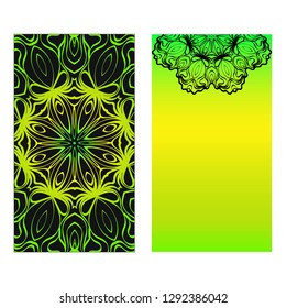 Neon color Set of two design template brochures, cards, invitations, flyers with mandala ornament for a yoga studio. Vector illustration.